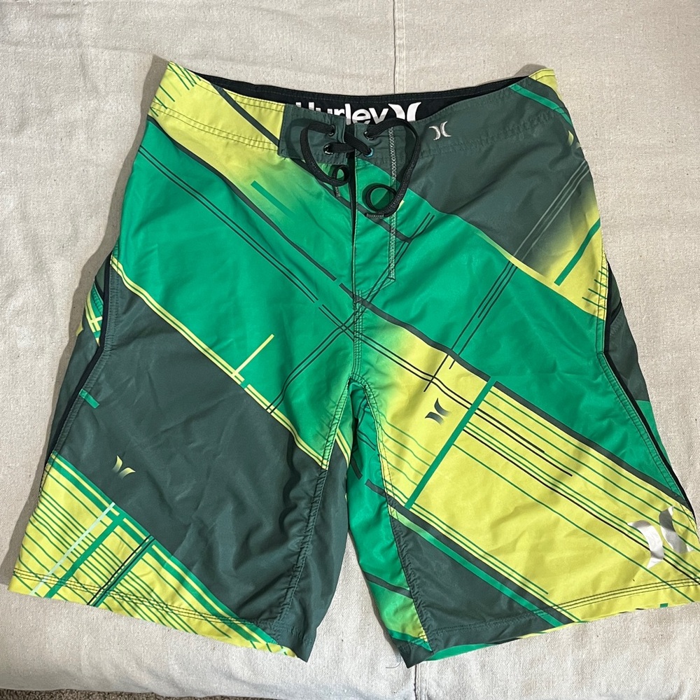 Large Hurley Men's Vibrant Green and Yellow Board Shorts
